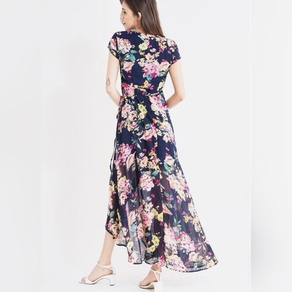 Casual Flowy Split Floral Print Wrap Long Maxi Dress, NAVY, SZ: XS ~ NWT - Picture 3 of 8